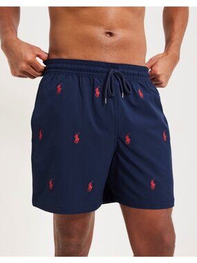 Polo Ralph Lauren Mens Navy Swim Trunks With Red Pony Embroidery & Mesh Size XL